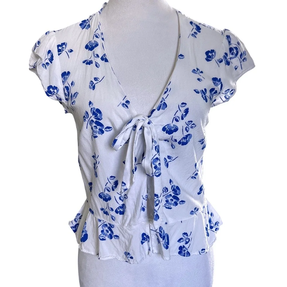 Abercrombie‎ & Fitch Tie Front Top Women Medium White Blue Floral Puff Sleeve